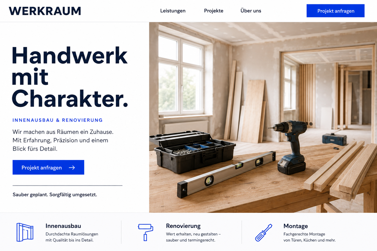 Website-Konzept für Handwerk mit Werkzeugen in einem hellen Innenraum